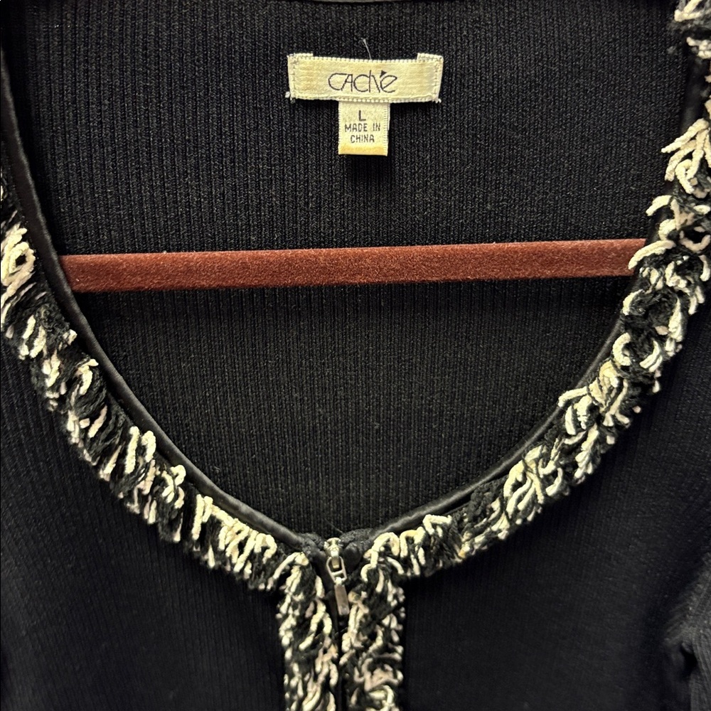 Cache brand - Woman sweater zip up with stretch fringe trim cardigan size L - Picture 2 of 10